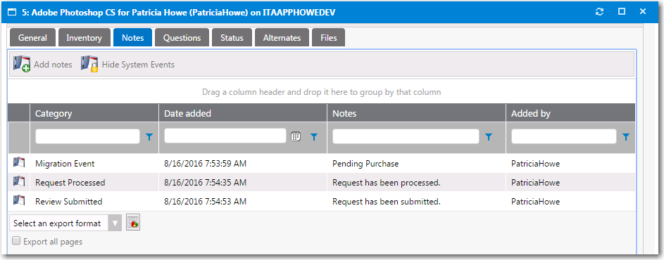 Request Details View / Notes Tab